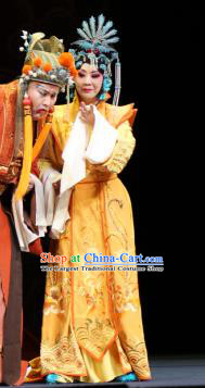 Chinese Ping Opera Noble Queen Apparels Costumes and Headpieces Da Song Zhong Yi Zhuan Traditional Pingju Opera Empress Yellow Dress Garment