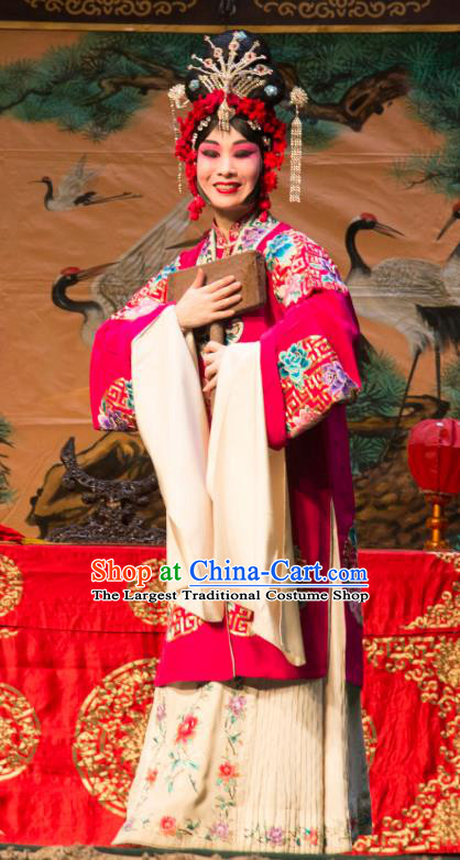 Chinese Beijing Opera Hua Tan Apparels Costumes and Headdress San Da Tao Sanchun Traditional Peking Opera Young Female Dress Bride Wedding Garment