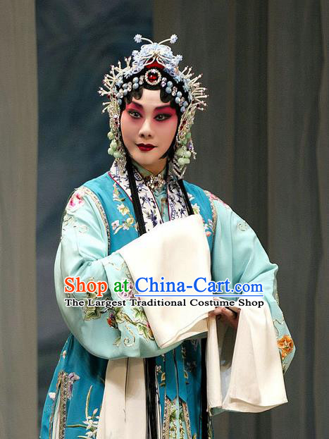 Chinese Beijing Opera Distress Maiden Apparels Costumes and Headdress Han Yuniang Traditional Peking Opera Diva Blue Dress Young Woman Garment