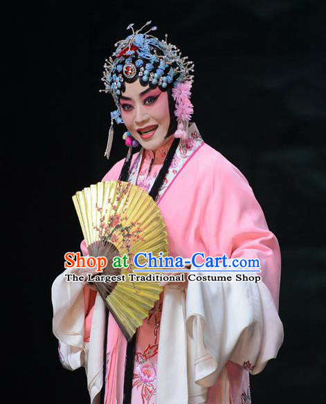 Chinese Beijing Opera Hua Tan Apparels Costumes and Headdress On A Wall and Horse Traditional Peking Opera Rich Lady Pink Dress Actress Li Qianjun Garment