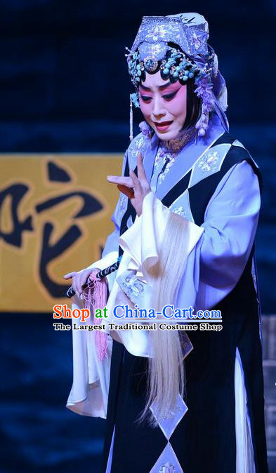 Chinese Beijing Opera Young Female Apparels Costumes and Headdress On A Wall and Horse Traditional Peking Opera Taoist Nun Li Qianjun Dress Actress Garment