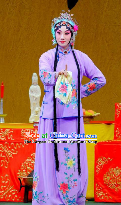 Chinese Beijing Opera Hua Tan Apparels Ba Zhen Tang Costumes and Headpieces Traditional Peking Opera Young Lady Purple Dress Garment