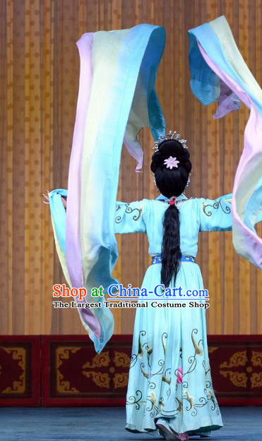 Chinese Beijing Opera Goddess Apparels Costumes and Headdress Petal Sprinkles From Heaven Traditional Peking Opera Hua Tan Blue Dress Garment