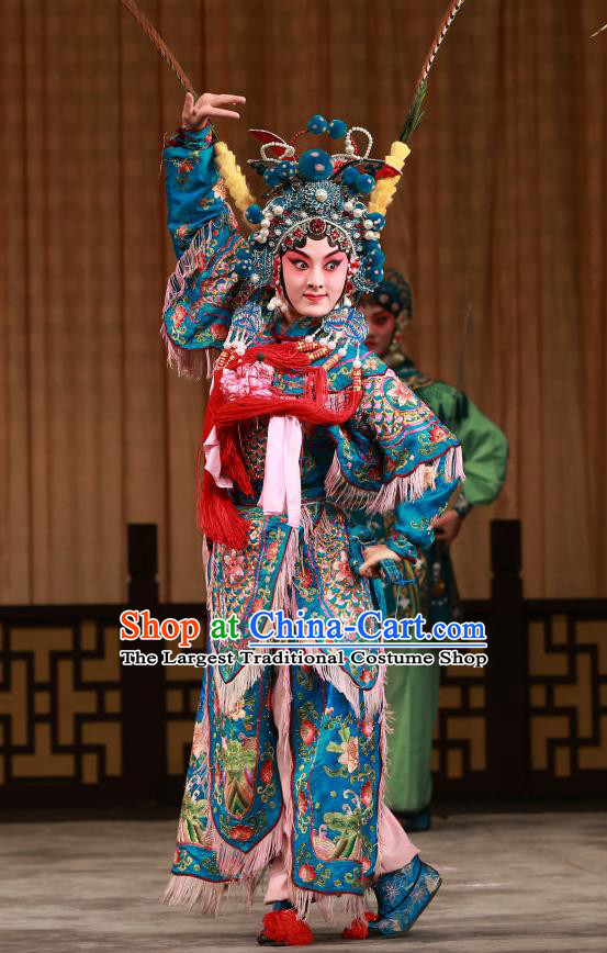 Chinese Beijing Opera Martial Lady Hu Sanniang Apparels Hu Jia Zhuang Costumes and Headdress Traditional Peking Opera Tao Ma Tan Dress Female General Armor Garment