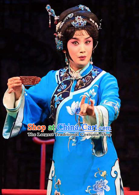 Chinese Beijing Opera Young Female Wang Zhuqing Apparels Yue Zhao Sai Bei Costumes and Headdress Traditional Peking Opera Blue Dress Garment
