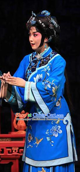 Chinese Beijing Opera Young Female Wang Zhuqing Apparels Yue Zhao Sai Bei Costumes and Headdress Traditional Peking Opera Blue Dress Garment
