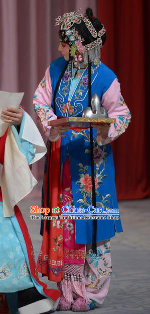 Chinese Beijing Opera Maidservant Apparels Su Xiaomei Costumes and Headpieces Traditional Peking Opera Xiaodan Dress Young Lady Blue Garment