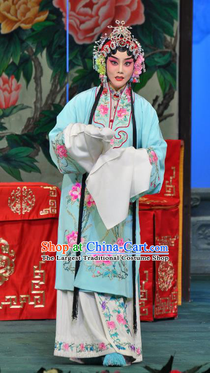 Chinese Beijing Opera Actress Apparels Su Xiaomei Costumes and Headpieces Traditional Peking Opera Hua Tan Blue Dress Diva Garment
