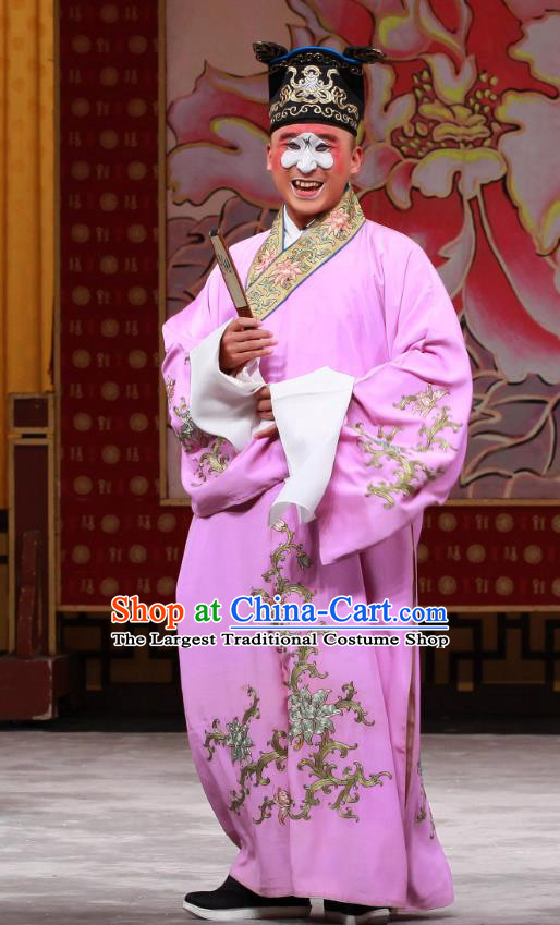 Shi Wen Hui Chinese Peking Opera Young Male Garment Costumes and Headwear Beijing Opera Chou Apparels Clown Purple Robe Clothing