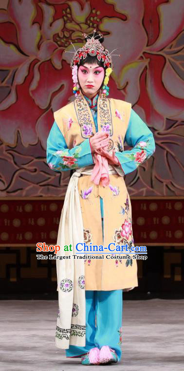 Chinese Beijing Opera Young Girl Apparels Shi Wen Hui Costumes and Headpieces Traditional Peking Opera Dress Maidservant Garment