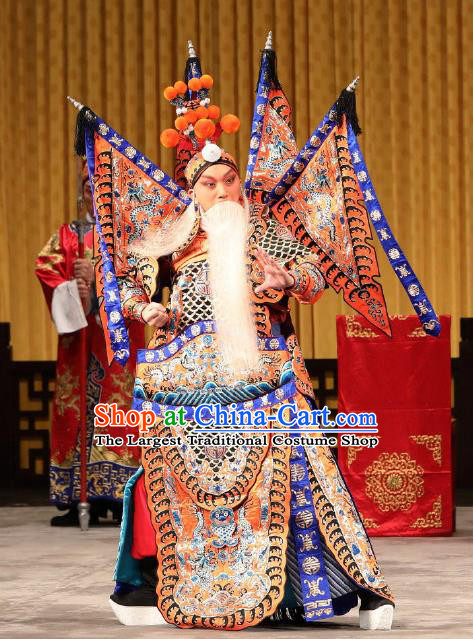 Yi Zhan Cheng Gong Chinese Peking Opera Military Officer Kao Garment Costumes and Headwear Beijing Opera General Orange Armor Suit with Flags Apparels Clothing