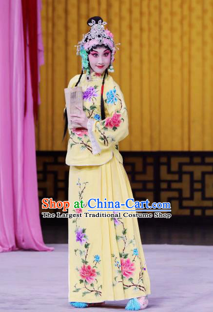 Chinese Beijing Opera Young Lady Apparels Xun Guanniang Costumes and Headpieces Traditional Peking Opera Hua Tan Yellow Dress Actress Garment