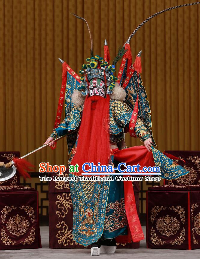 Yang Ping Guan Chinese Peking Opera General Blue Armor Garment Costumes and Headwear Beijing Opera Old Man Apparels Martial Male Kao Suit Clothing with Flags