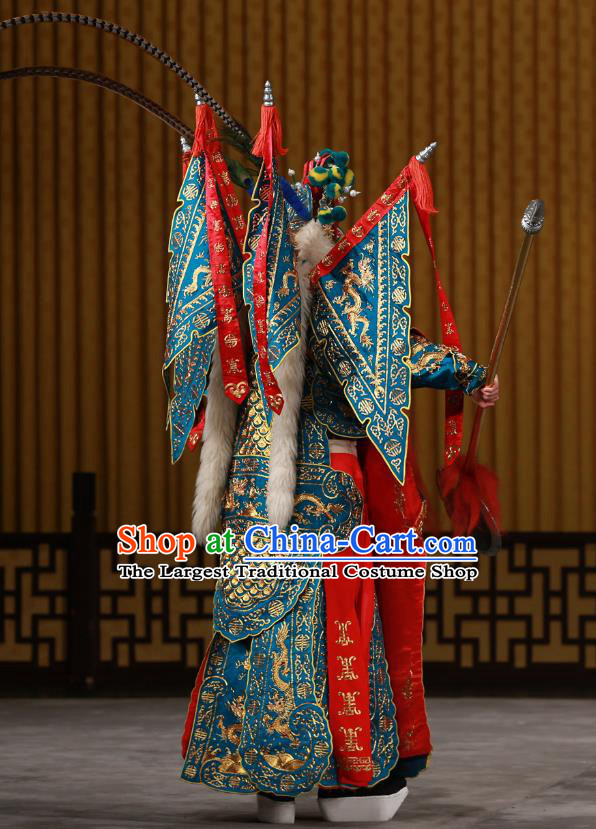 Yang Ping Guan Chinese Peking Opera General Blue Armor Garment Costumes and Headwear Beijing Opera Old Man Apparels Martial Male Kao Suit Clothing with Flags