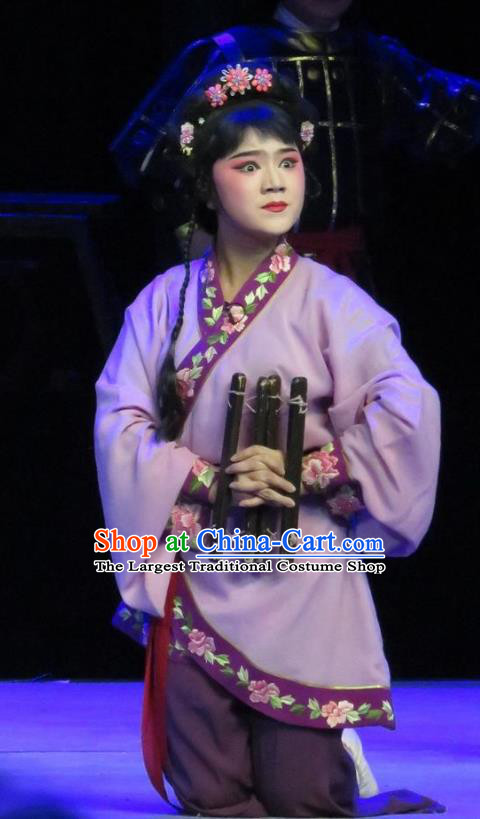Chinese Ping Opera Maidservant Cai Feng Apparels Costumes and Headpieces Traditional Pingju Opera Saving Orphan Young Lady Purple Dress Garment