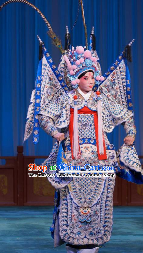 Mu Ke Zhai Chinese Peking Opera Martial Male Garment Costumes with Flags and Headwear Beijing Opera Apparels General Yang Zongbao Kao Armor Clothing