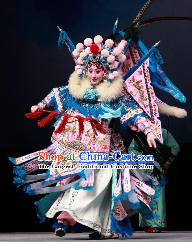 Mu Ke Zhai Chinese Peking Opera Martial Male Yang Zongbao Garment Costumes with Flags and Headwear Beijing Opera Apparels General Kao Armor Clothing