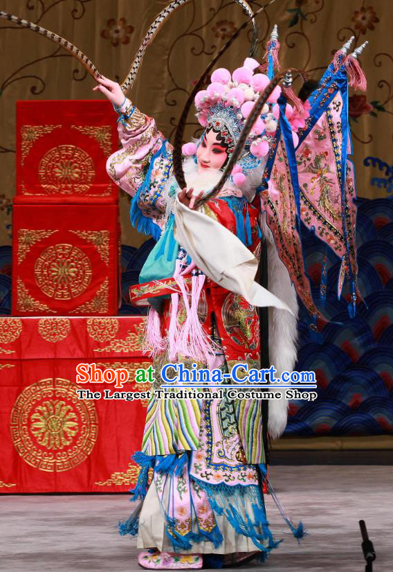 Chinese Beijing Opera Tao Ma Tan Armor Apparels Mu Ke Zhai Costumes and Headpieces Mu Guiying Kao Garment with Flags Traditional Peking Opera Blues Dress