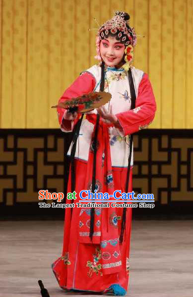 Chinese Beijing Opera Maidservant Chun Lan Apparels Hua Tian Cuo Costumes and Headpieces Traditional Peking Opera Young Lady Dress Xiaodan Garment