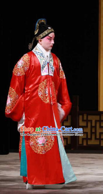 Huo Xiaoyu Chinese Peking Opera Niche Red Garment Costumes and Headwear Beijing Opera Scholar Li Yi Apparels Xiaosheng Clothing