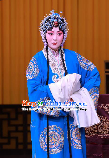 Chinese Beijing Opera Young Female Yue Mu Ci Zi Apparels Costumes and Headpieces Traditional Peking Opera Actress Blue Dress Wife Garment