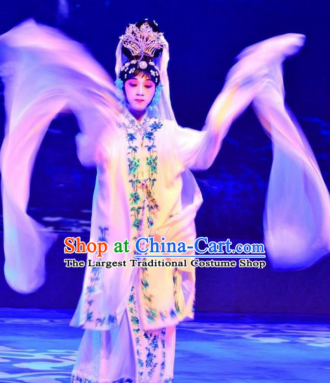 Chinese Beijing Opera Actress Apparels Catch San Lang Costumes and Headdress Traditional Peking Opera Hua Tan White Dress Diva Yan Xijiao Garment