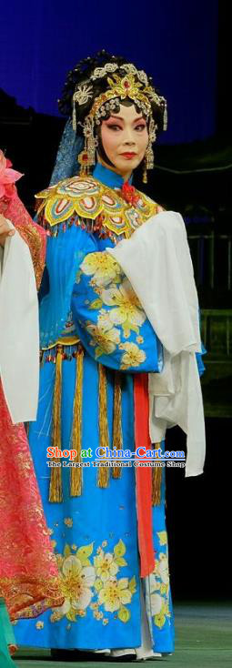 Chinese Beijing Opera Elderly Princess Miao Yin Apparels Love of Guan Yin Costumes and Headdress Traditional Peking Opera Actress Blue Dress Garment