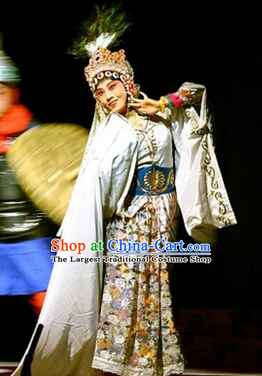 Chinese Beijing Opera Fairy Apparels Cave of Silver Wed Costumes and Headdress Traditional Peking Opera Hua Tan Dress Diva Yue Xia Garment