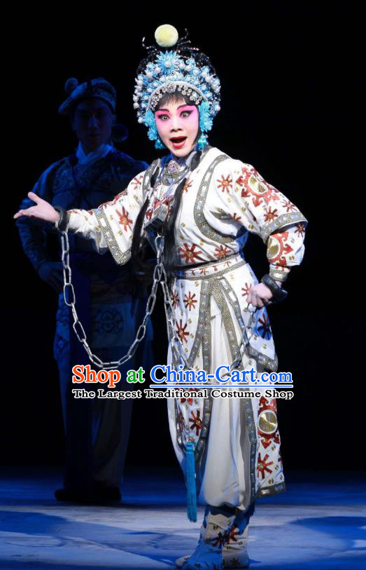 Chinese Beijing Opera Swordsplay Female Apparels Feng Yu Xing Huang Qi Costumes and Headdress Traditional Peking Opera Woman Hero Fang Yinhua Dress Garment