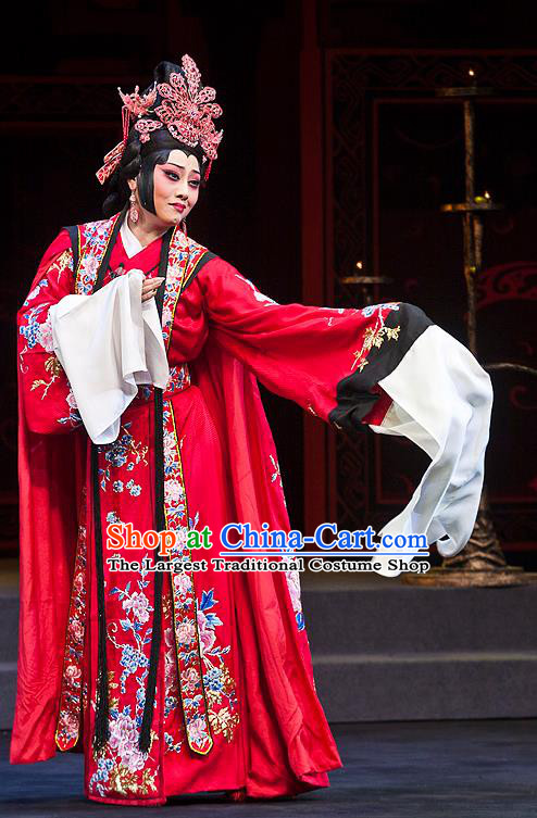 Chinese Beijing Opera Bride Cai Wenji Apparels Anecdote of Jian An Costumes and Headdress Traditional Peking Opera Hua Tan Red Dress Actress Wedding Garment