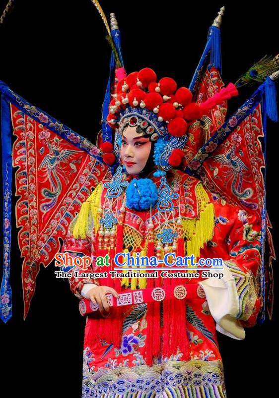 Chinese Beijing Opera Female General Apparels Mei Hua Zan Costumes and Headdress Traditional Peking Opera Tao Ma Tan Red Dress Fan Lihua Armor Garment with Flags