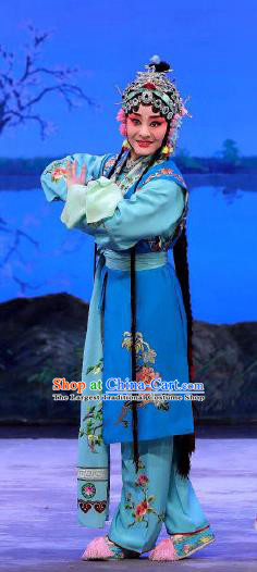 Chinese Beijing Opera Xiaodan Apparels You Hu Costumes and Headdress Traditional Peking Opera Young Lady Blue Dress Maidservant Xiao Qing Garment