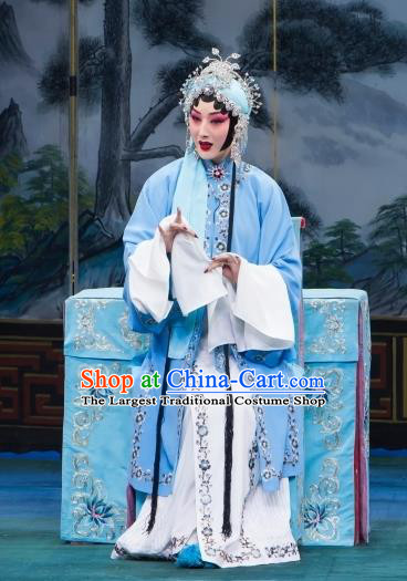 Chinese Beijing Opera Young Mistress Garment Zhou Ren Xian Sao Costumes and Hair Accessories Traditional Peking Opera Hua Tan Blue Dress Actress Apparels