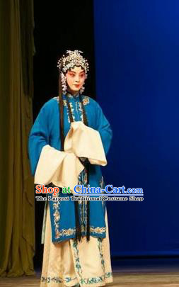 Chinese Beijing Opera Young Female Garment Legend of Xu Mu Costumes and Hair Accessories Traditional Peking Opera Actress Blue Dress Apparels