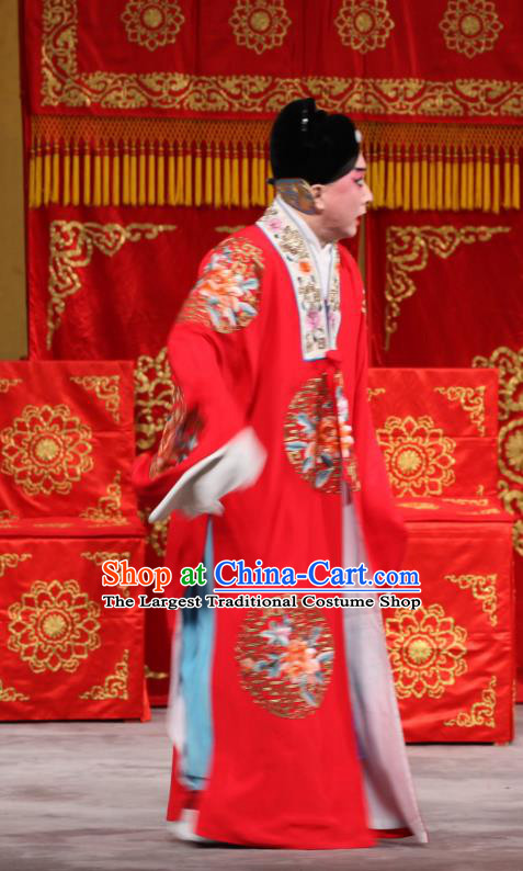 Jin Yunu Chinese Peking Opera Bridegroom Apparels Costumes and Headpieces Beijing Opera Young Male Garment Scholar Mo Ji Wedding Clothing