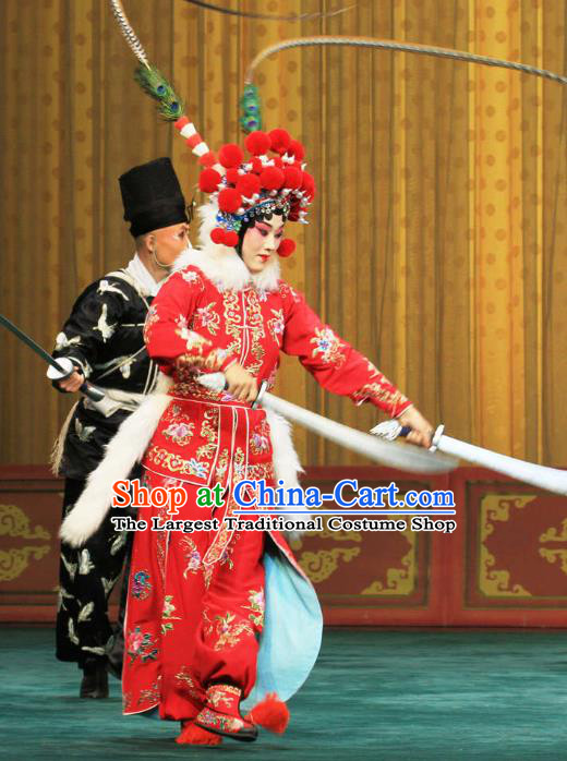 Chinese Beijing Opera Martial Female Garment Actress Costumes and Hair Accessories Traditional Peking Opera Wudan Red Dress Swordswoman Xu Peizhu Apparels