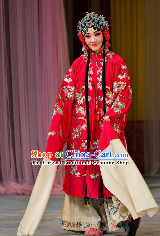 Chinese Beijing Opera Bride Wedding Garment Actress Costumes and Hair Accessories Traditional Peking Opera Hua Tan Zhang Yuzhen Red Dress Apparels