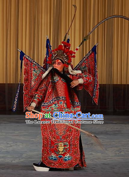 Ying Xiong Yi Chinese Peking Opera Wusheng Red Armor Apparels Costumes and Headpieces Beijing Opera General Shi Wengong Garment Kao Clothing with Flags