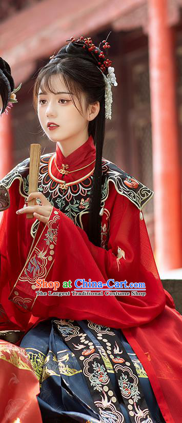 Chinese Traditional Ming Dynasty Patrician Lady Historical Costumes Ancient Nobility Female Embroidered Red Hanfu Dress Garment Complete Set