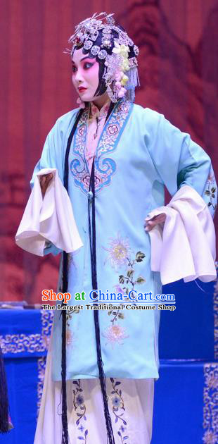 Chinese Ping Opera Diva Li Sanniang Apparels Costumes and Headpieces Traditional Pingju Opera Hua Tan Blue Dress Actress Garment