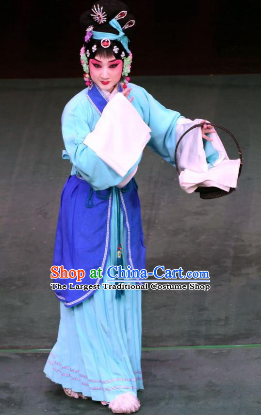 Chinese Beijing Opera Country Woman Garment Costumes and Hair Accessories Ding Sheng Chun Qiu Traditional Peking Opera Actress Dress Village Girl Apparels
