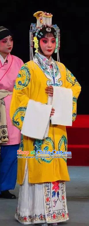 Chinese Sichuan Opera Queen Garment Costumes and Hair Accessories Traditional Peking Opera Empress Yellow Dress Hua Tan Apparels
