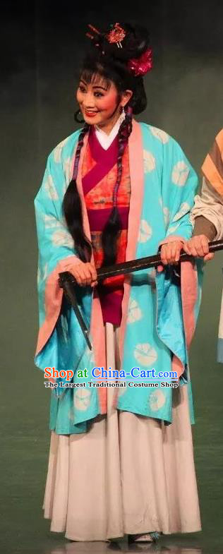 Chinese Sichuan Opera Young Female Pu Lan Costumes and Hair Accessories Yu Hai Kuang Chao Traditional Peking Opera Hua Tan Dress Actress Blue Apparels