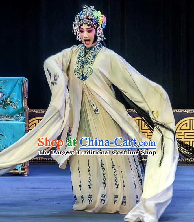 Chinese Sichuan Opera Actress The Legend of White Snake Bai Suzhen Garment Costumes and Hair Accessories Traditional Peking Opera Hua Tan White Dress Apparels