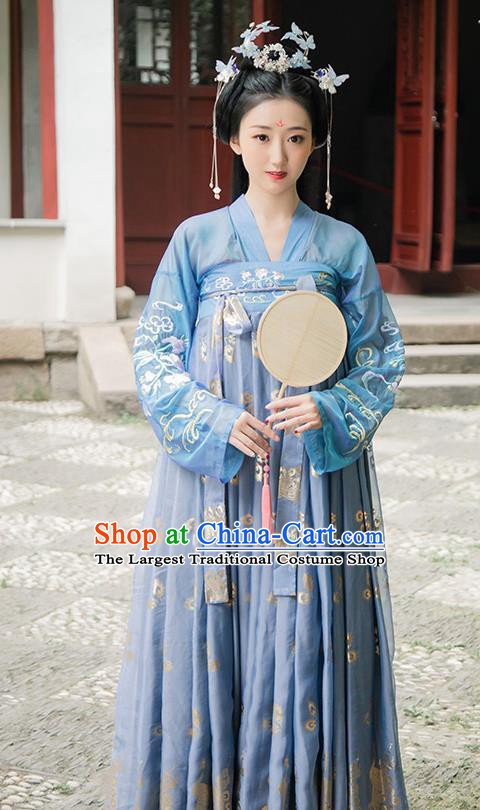 Chinese Traditional Ancient Tang Dynasty Historical Costumes Palace Princess Blue Hanfu Dress Apparels for Women