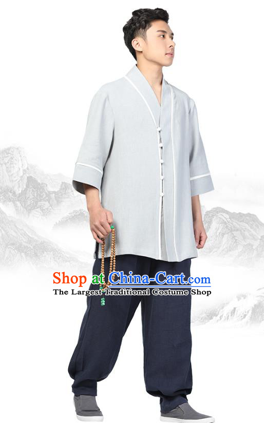 Chinese Traditional Tang Suit Upper Outer Garment Costume National Clothing Light Grey Ramie Shirt for Men