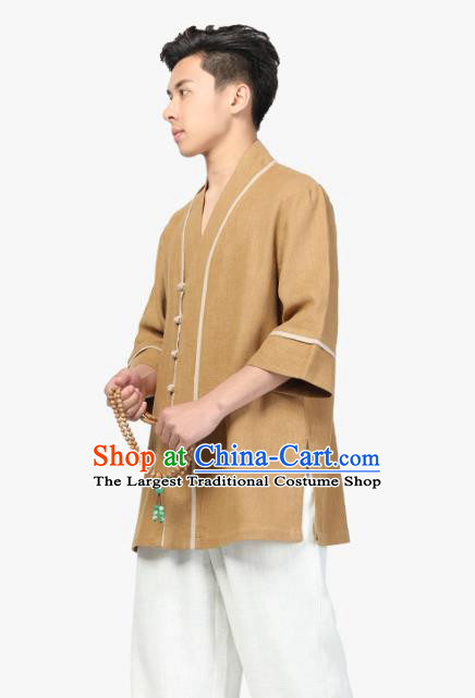 Chinese Traditional Tang Suit Upper Outer Garment Costume National Clothing Khaki Ramie Shirt for Men