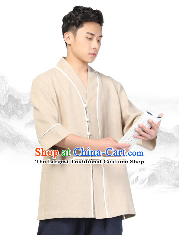 Chinese Traditional Tang Suit Upper Outer Garment Costume National Clothing Beige Ramie Shirt for Men