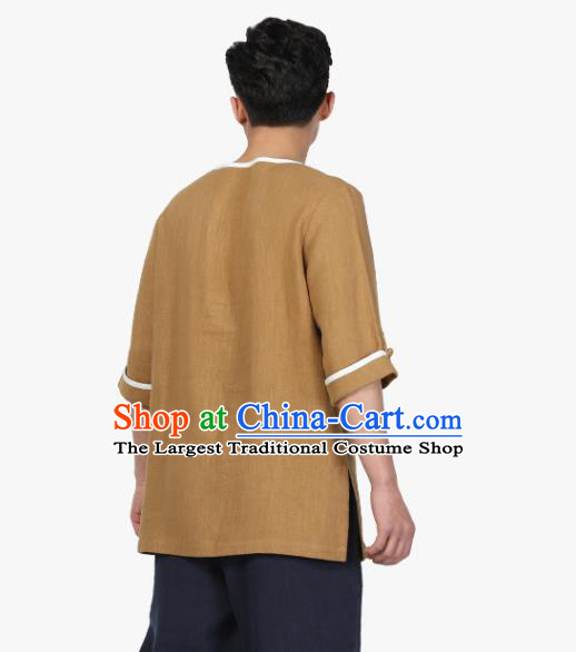 Chinese Traditional Tang Suit Costume National Clothing Slant Opening Khaki Ramie Shirt Upper Outer Garment for Men