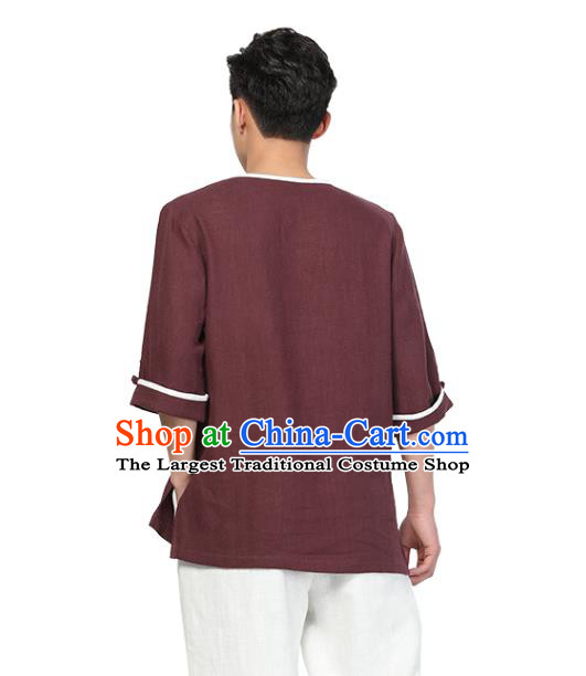 Chinese Traditional Tang Suit Costume National Clothing Slant Opening Wine Red Ramie Shirt Upper Outer Garment for Men